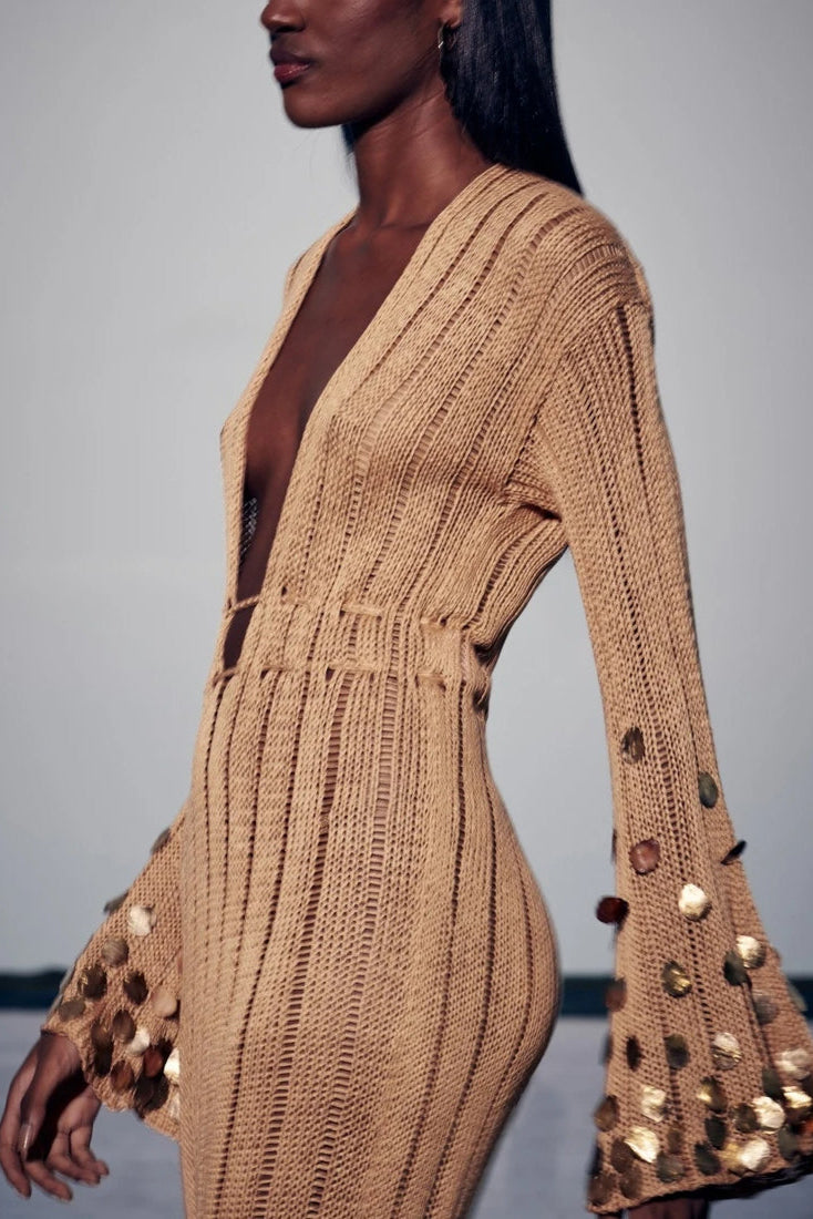Agnès – Robe Maxi Tricotée Dorée pour Femme