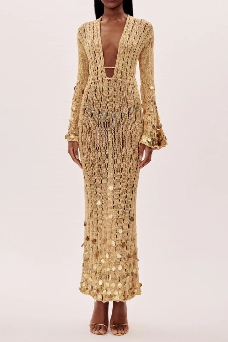 Agnès – Robe Maxi Tricotée Dorée pour Femme