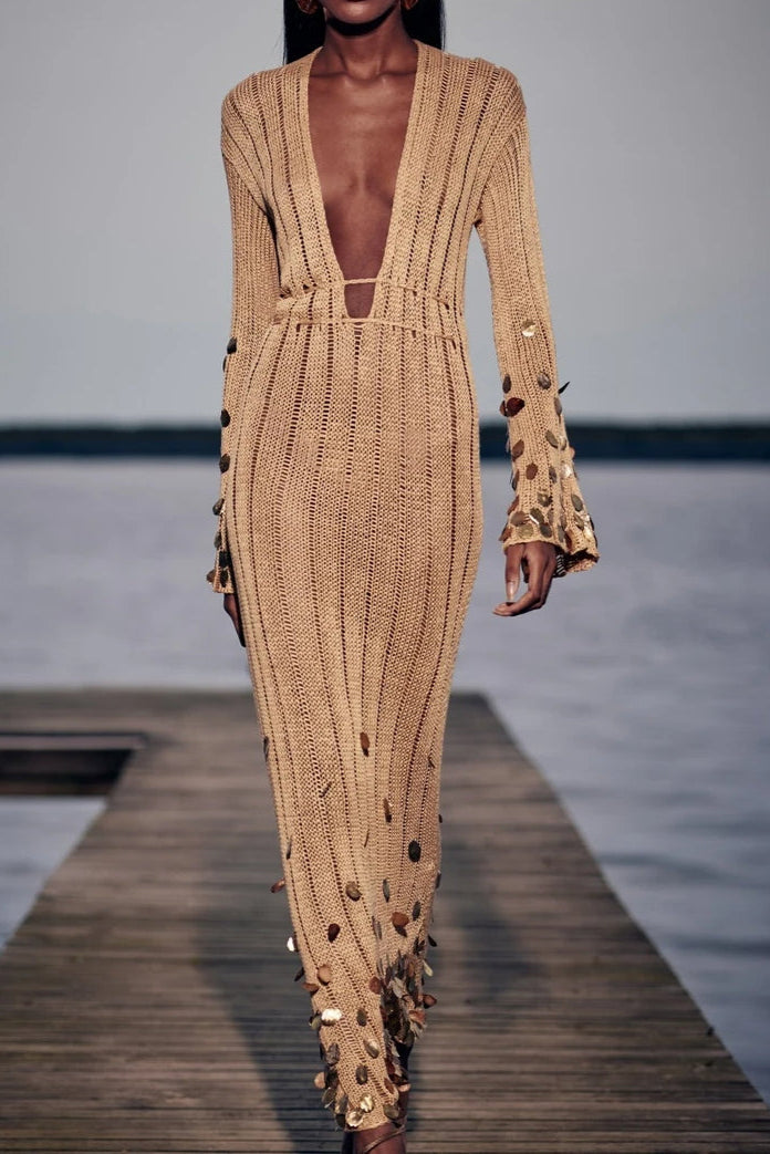 Agnès – Robe Maxi Tricotée Dorée pour Femme