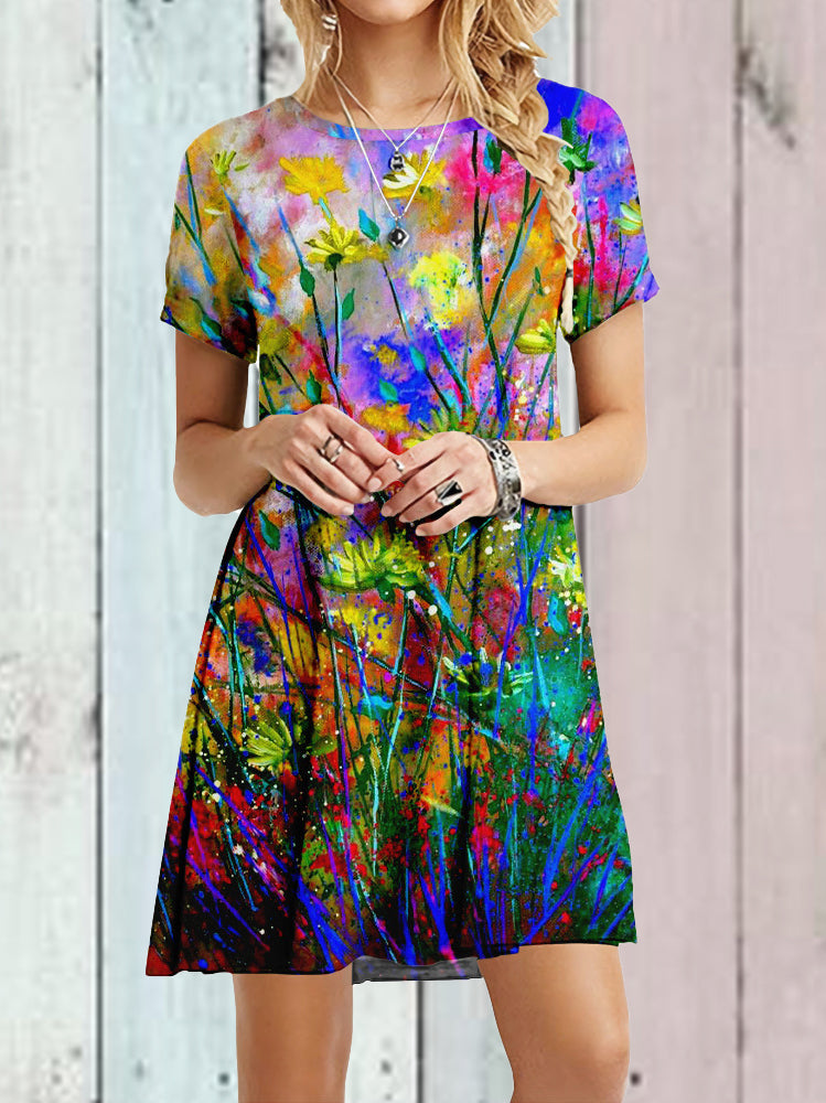 Amélie – Robe Courte Femme à Motif Floral Artistique