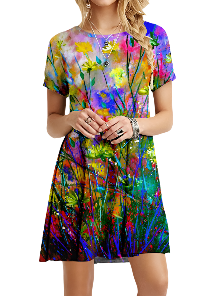 Amélie – Robe Courte Femme à Motif Floral Artistique